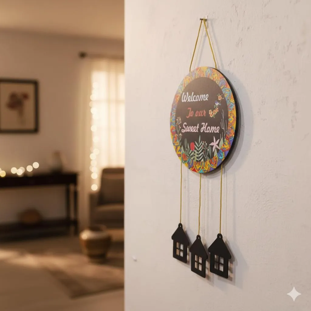 Welcome Home Wall Hanging with 3D House Charms, Black Mandala Floral Art, 28" Height