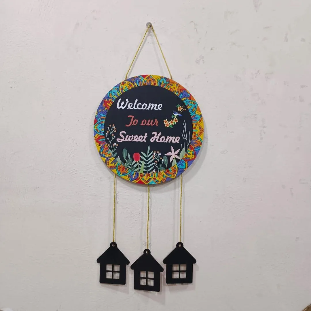 Welcome Home Wall Hanging with 3D House Charms, Black Mandala Floral Art, 28" Height