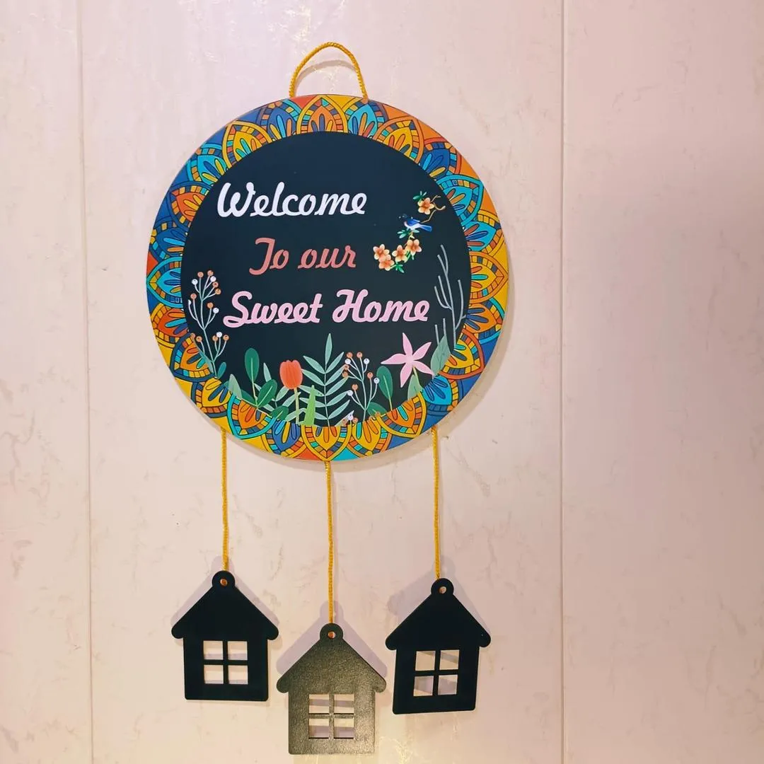 Welcome Home Wall Hanging with 3D House Charms, Black Mandala Floral Art, 28" Height