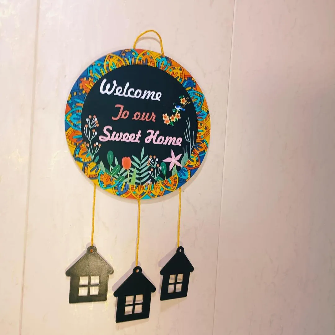 Welcome Home Wall Hanging with 3D House Charms, Black Mandala Floral Art, 28" Height
