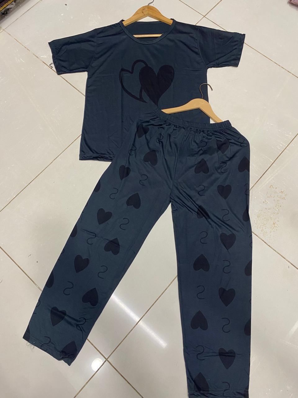 Women Cotton Jersey Night Suit Grey Printed Medium to XL