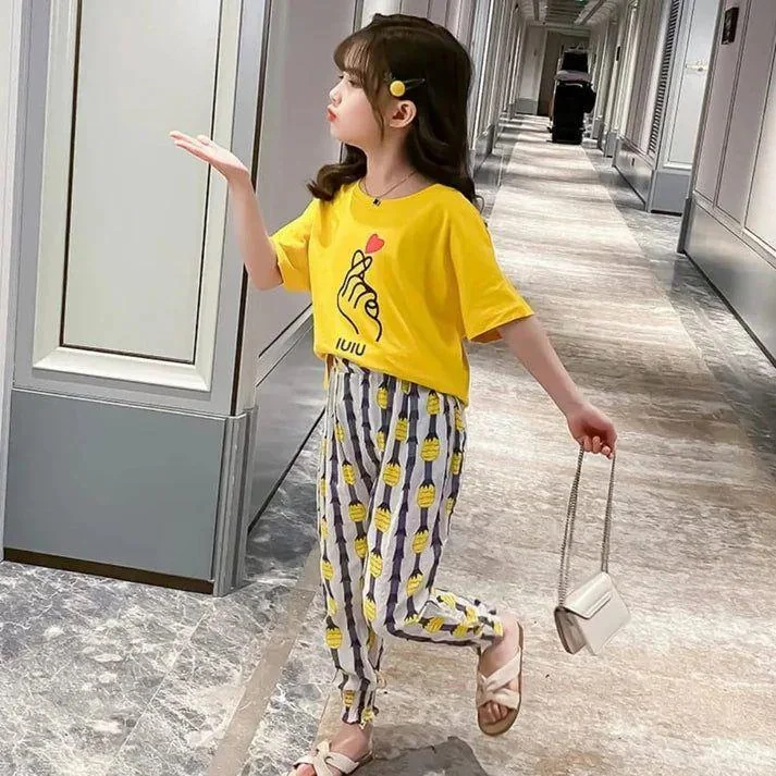 Girls Printed Cotton Jersey Shirt & Trouser Set Yellow 3-10Yrs