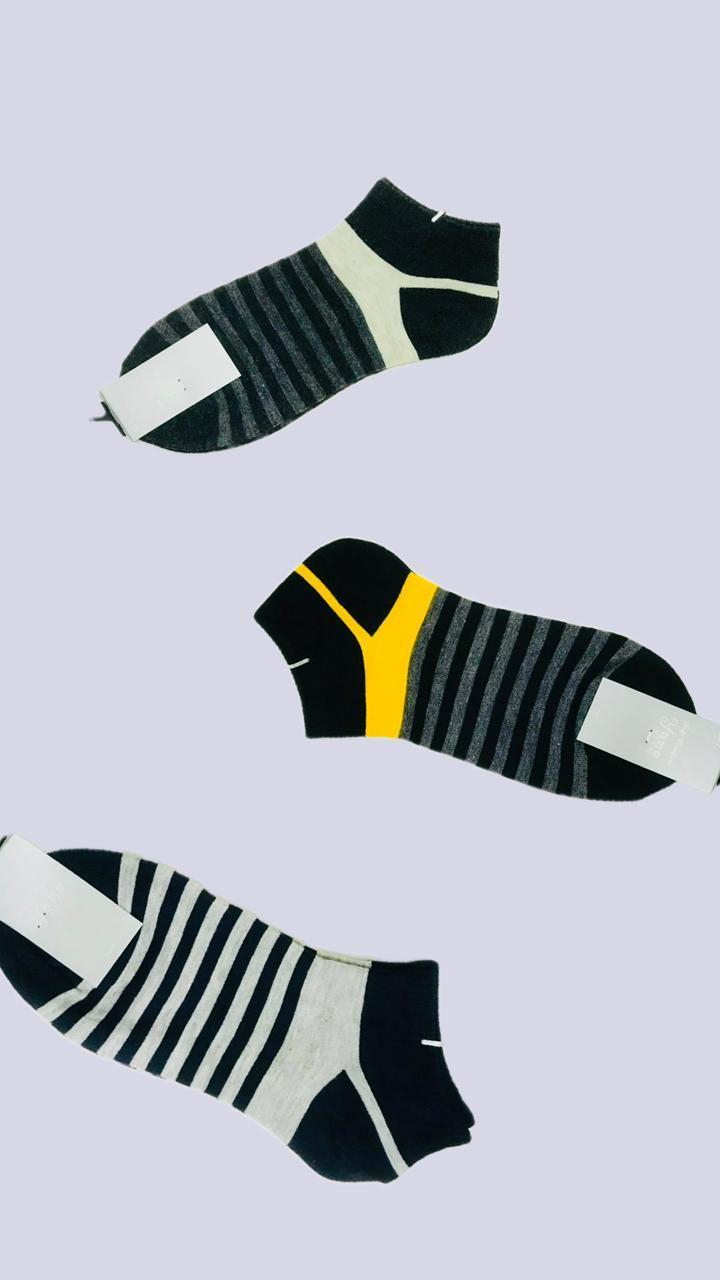 Men Ankle Socks Striped Black White Yellow Pack of 3