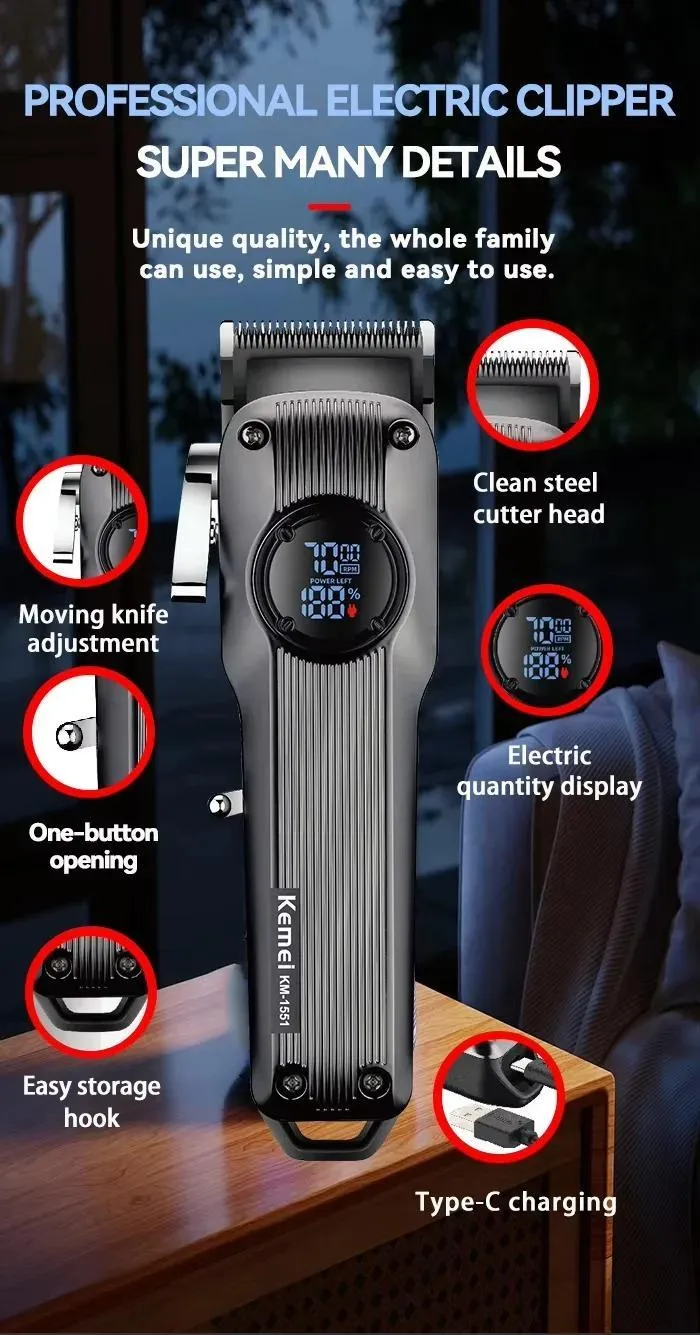 Kemei KM-1551 USB Rechargeable Clipper for Men with 6 Combs