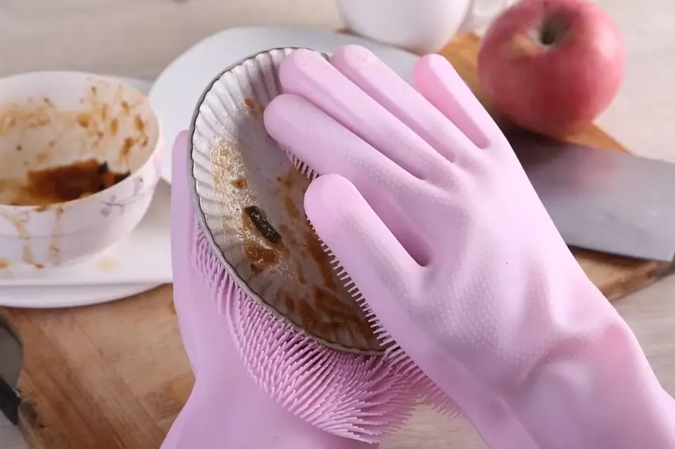 Silicone Non Slip Scrubber Dish Washing Gloves, 1 Pair