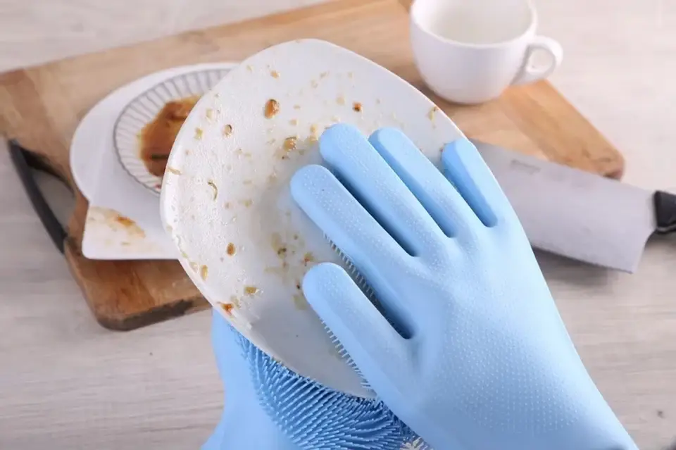 Silicone Non Slip Scrubber Dish Washing Gloves, 1 Pair
