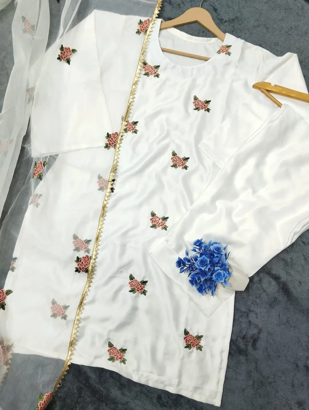 3 Pcs Women's Stitched Silk Embroidered Suit Rose Embroided Shirt, trouser with Embroided Dupatta