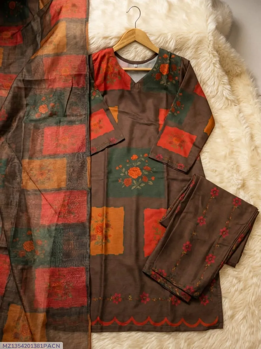 Stylish Printed Lawn Suit - 3 Pcs Set with V-Neck Design