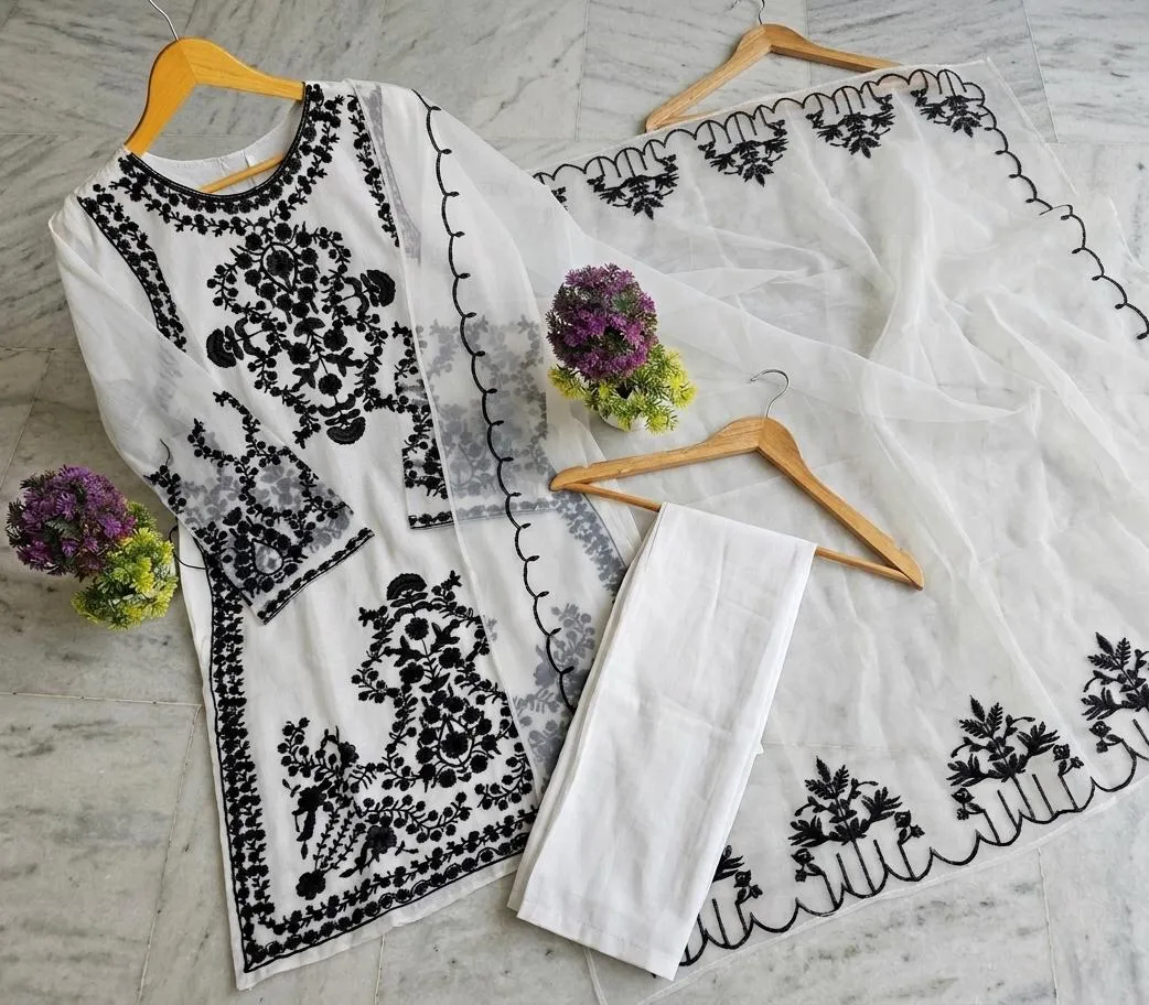 3 Pcs Women's Stitched Organza Embroidered Suit