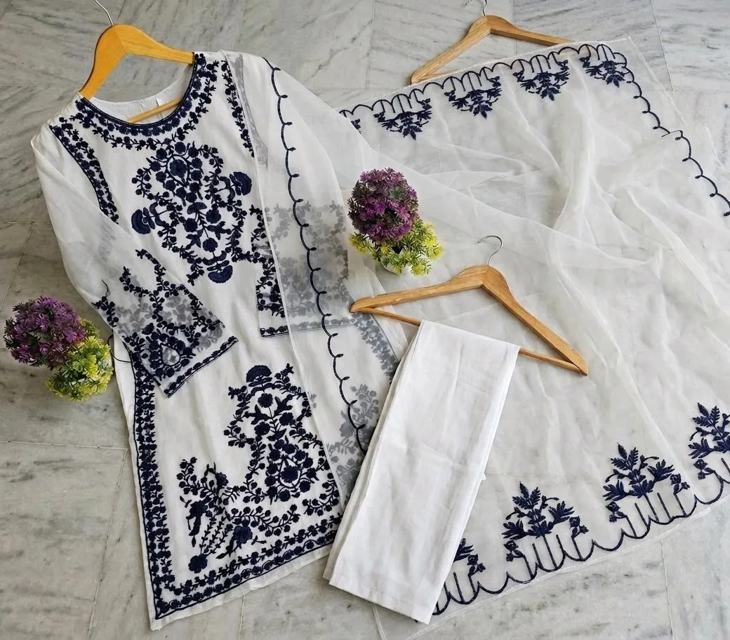 3 Pcs Women's Stitched Organza Embroidered Suit