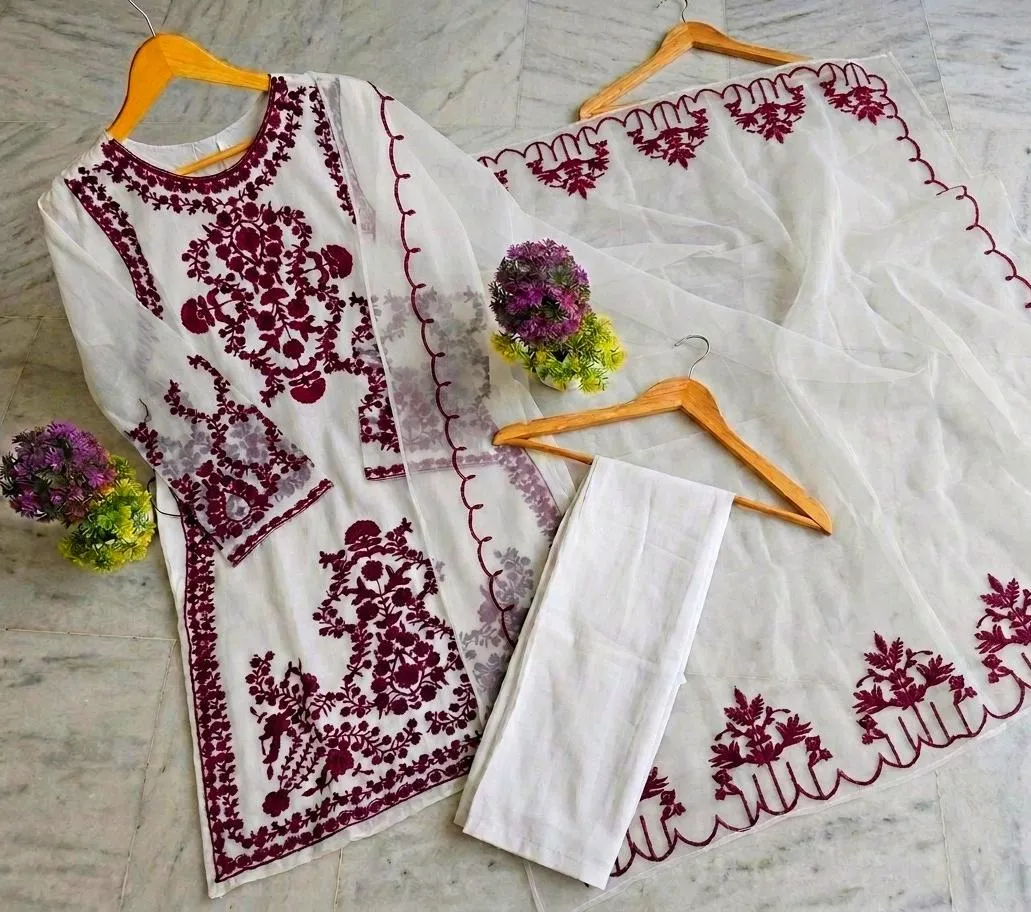 3 Pcs Women's Stitched Organza Embroidered Suit