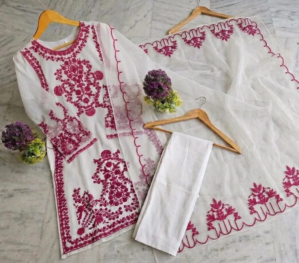 3 Pcs Women's Stitched Organza Embroidered Suit