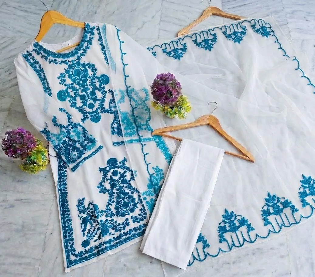 3 Pcs Women's Stitched Organza Embroidered Suit
