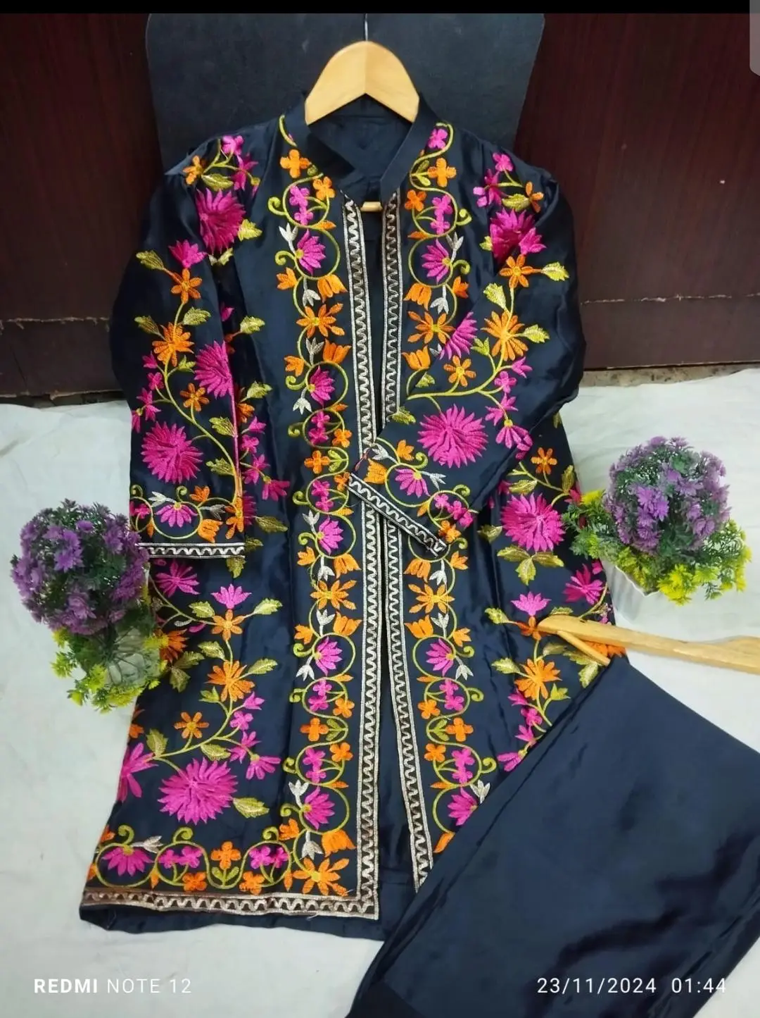 3 Pcs Women's Stitched Silk Embroidered Gown Suit