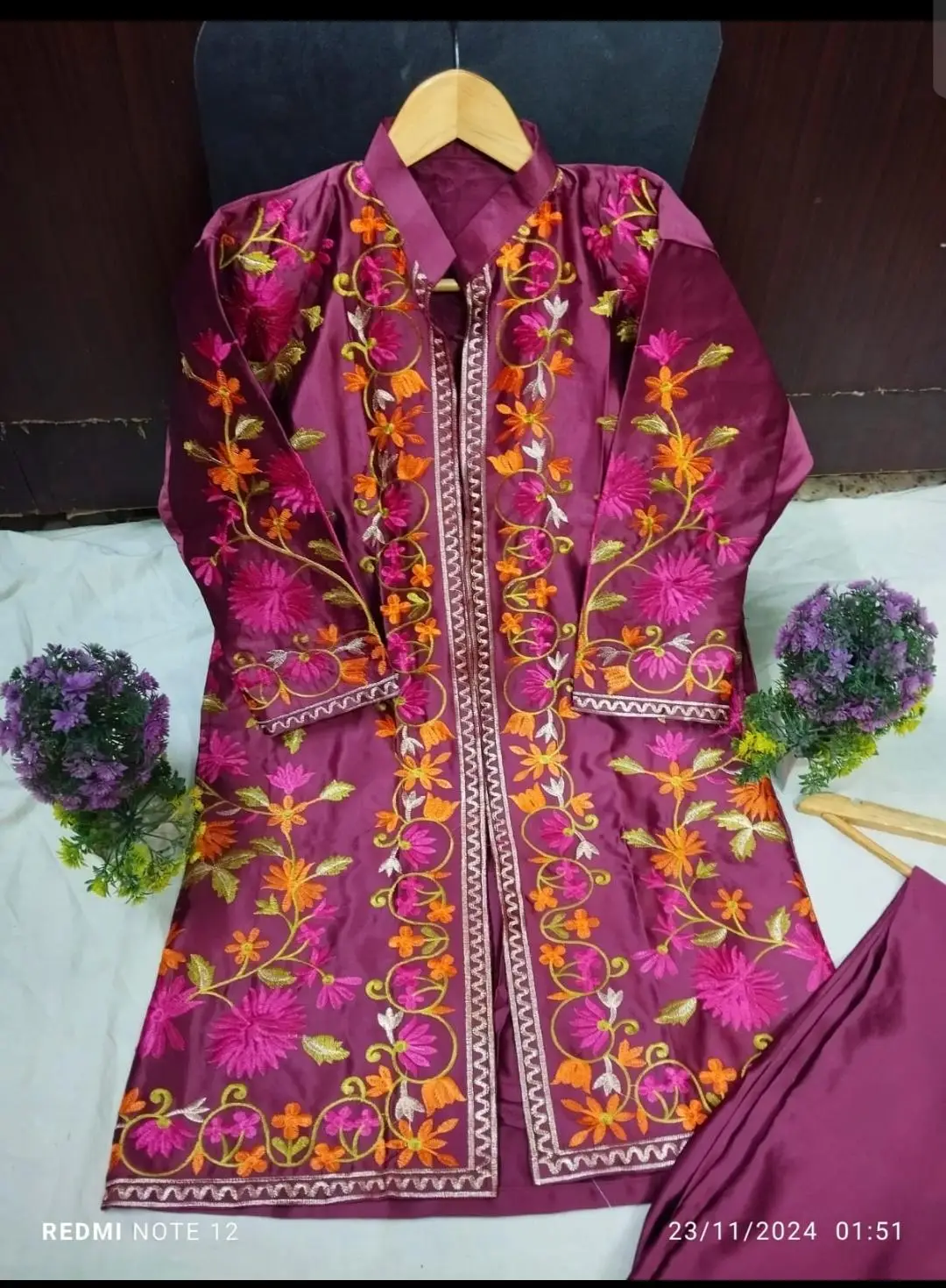 3 Pcs Women's Stitched Silk Embroidered Gown Suit