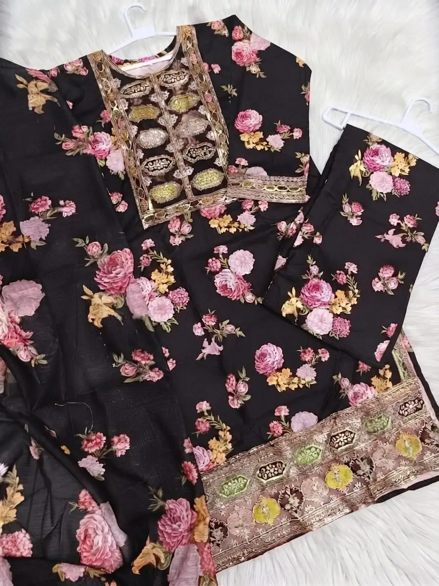 3 Pcs Women's Stitched Raw Silk Patch Work Suit
