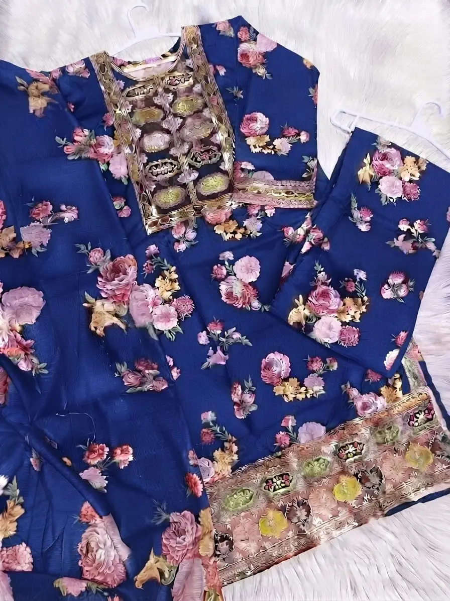 3 Pcs Women's Stitched Raw Silk Patch Work Suit