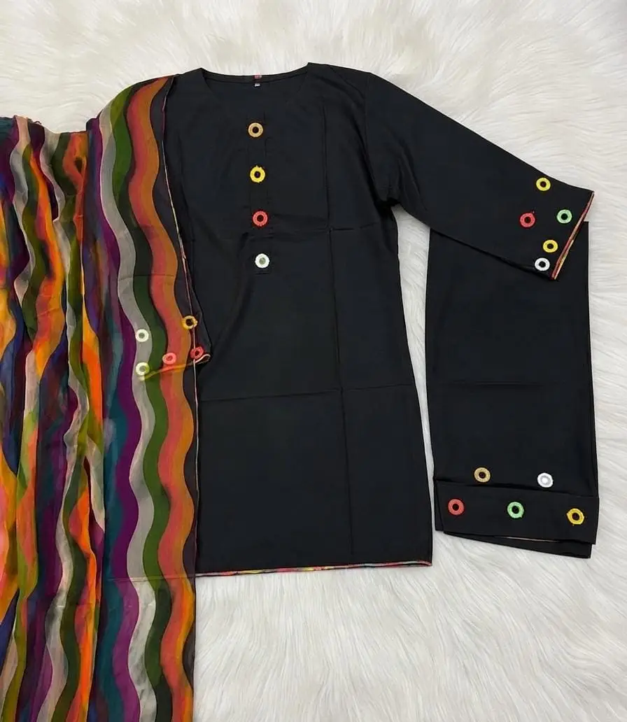 3 Pcs Women's Stitched Linen Mirror Work Suit