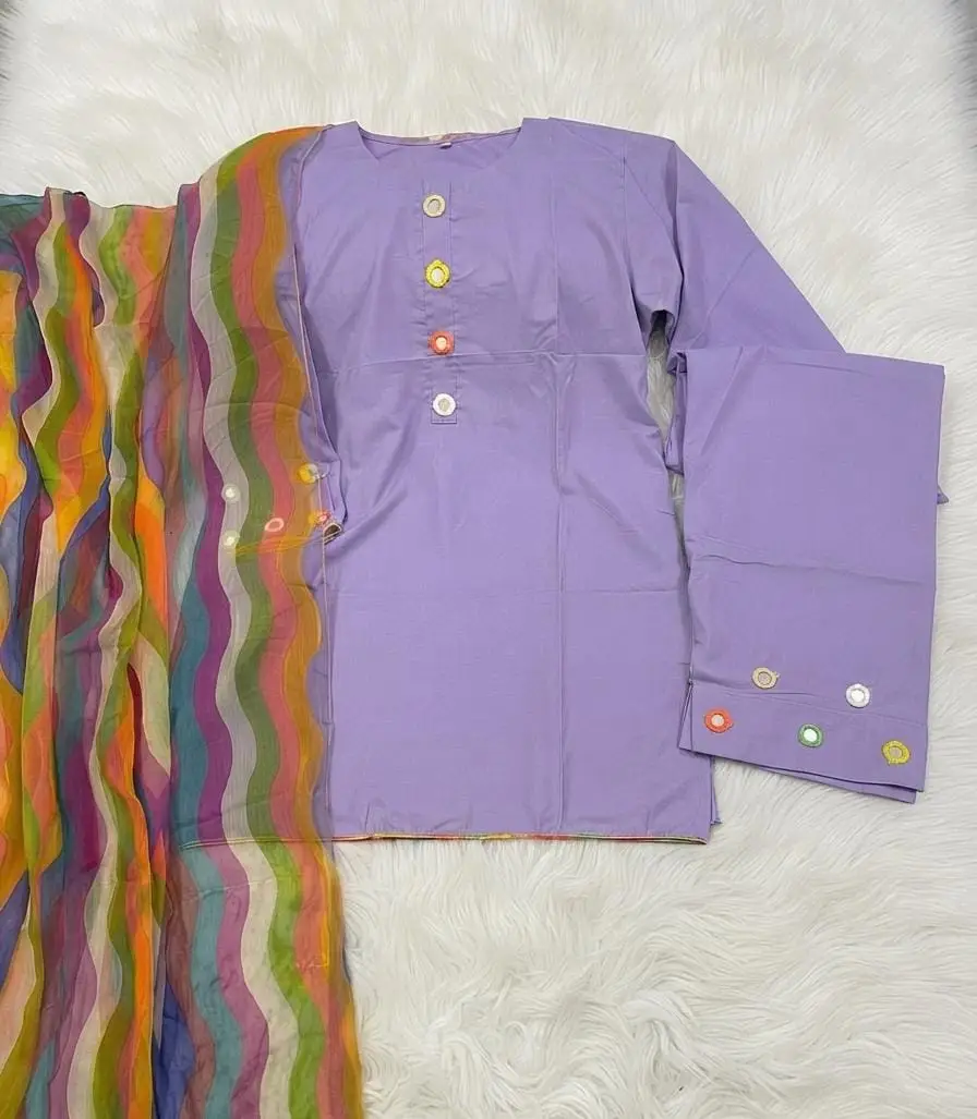3 Pcs Women's Stitched Linen Mirror Work Suit