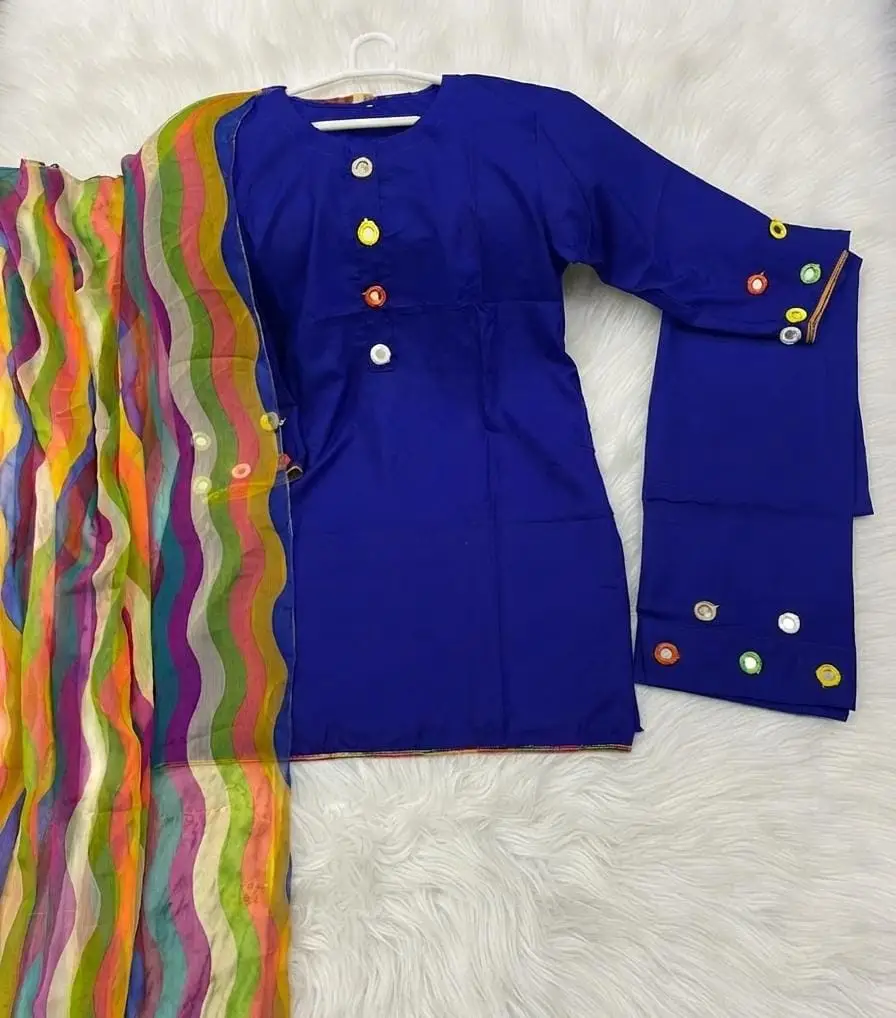 3 Pcs Women's Stitched Linen Mirror Work Suit