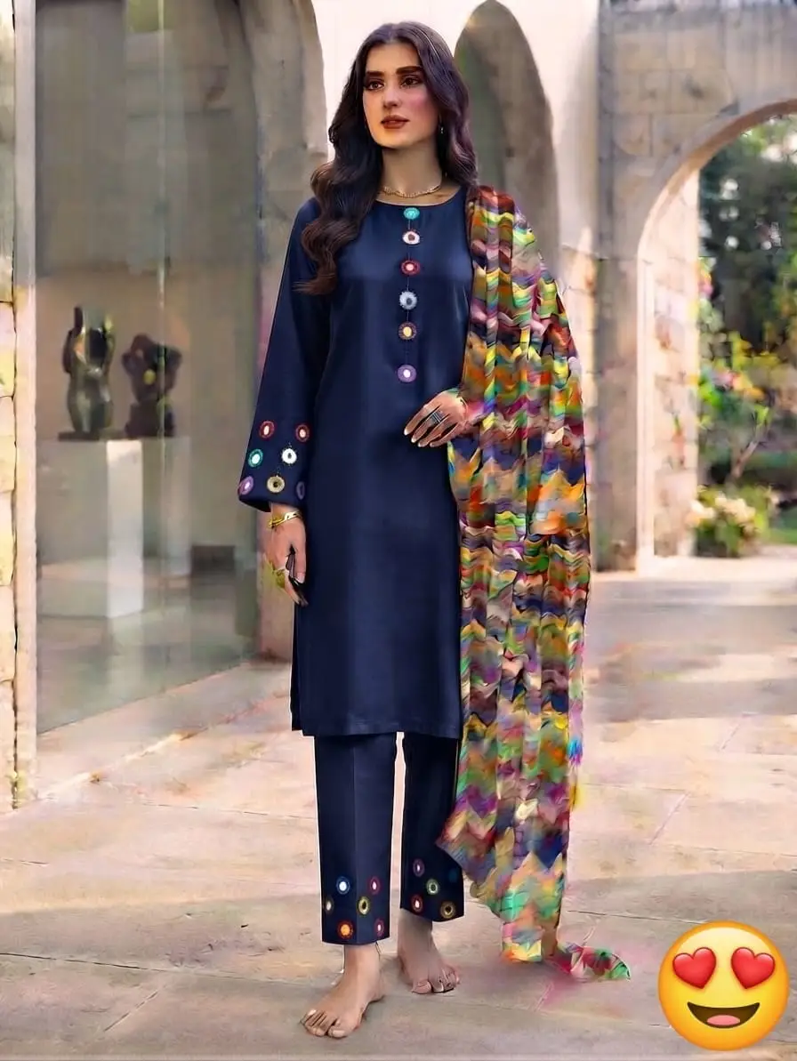 3 Pcs Women's Stitched Linen Mirror Work Suit