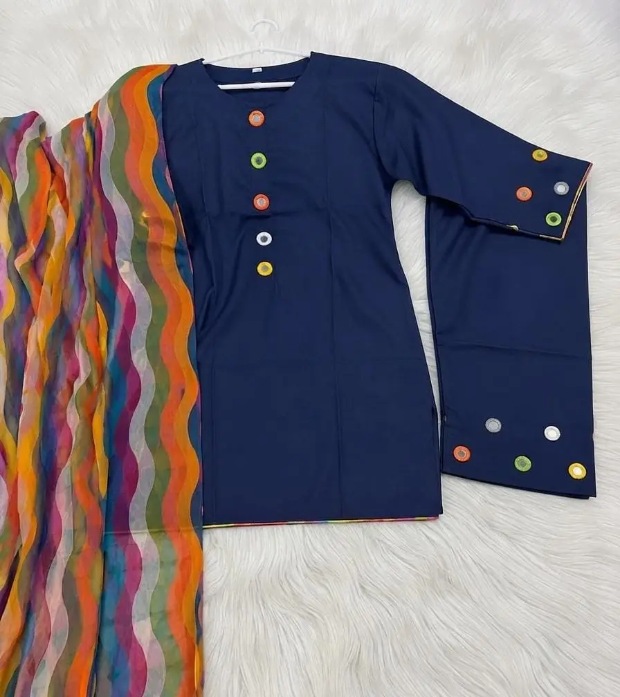 3 Pcs Women's Stitched Linen Mirror Work Suit