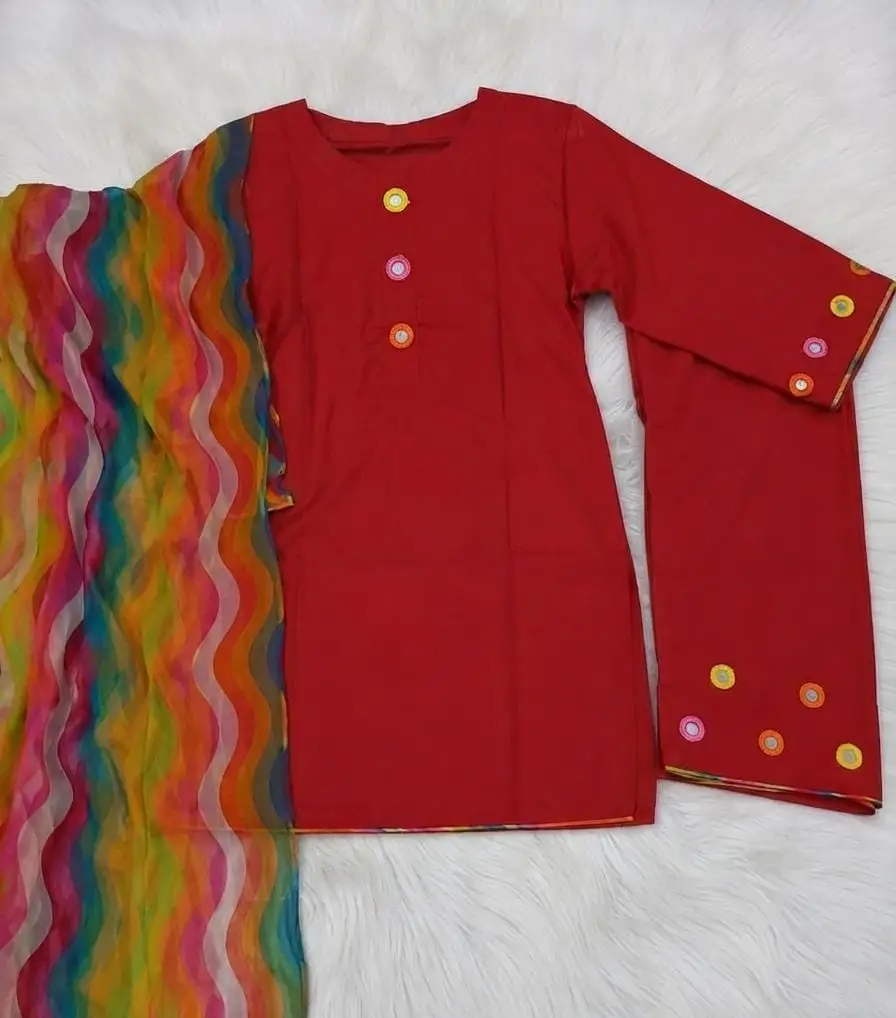 3 Pcs Women's Stitched Linen Mirror Work Suit