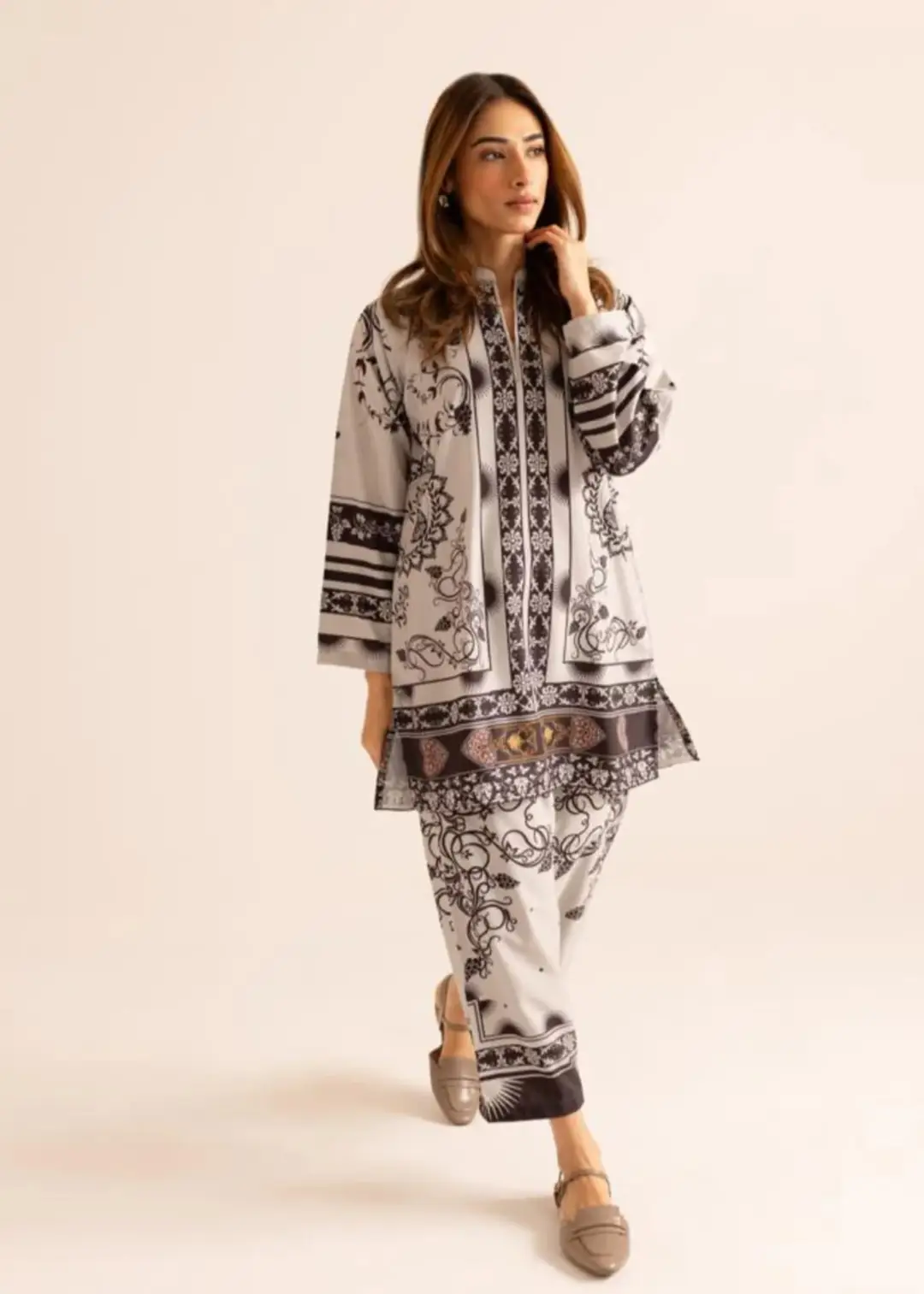 2 Pcs Women's Stitched Swiss Lawn Printed Shirt And Trouser