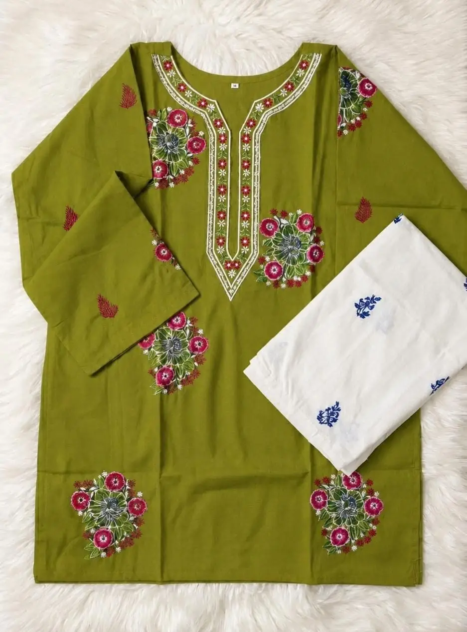 2 Pcs Women's Stitched Cotton Embroidered Shirt And Trouser