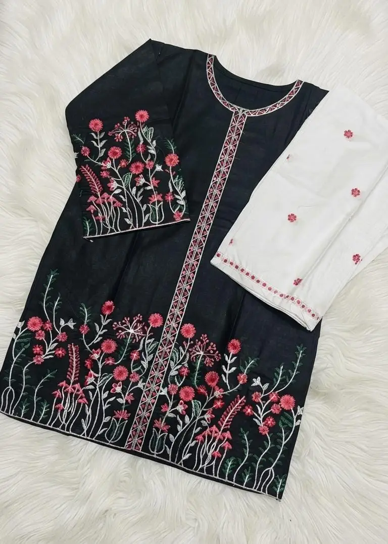 2 Pcs Women's Stitched Cotton Embroidered Shirt And Trouser