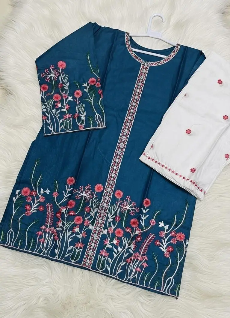 2 Pcs Women's Stitched Cotton Embroidered Shirt And Trouser