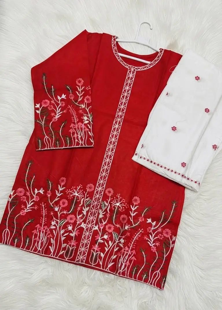 2 Pcs Women's Stitched Cotton Embroidered Shirt And Trouser
