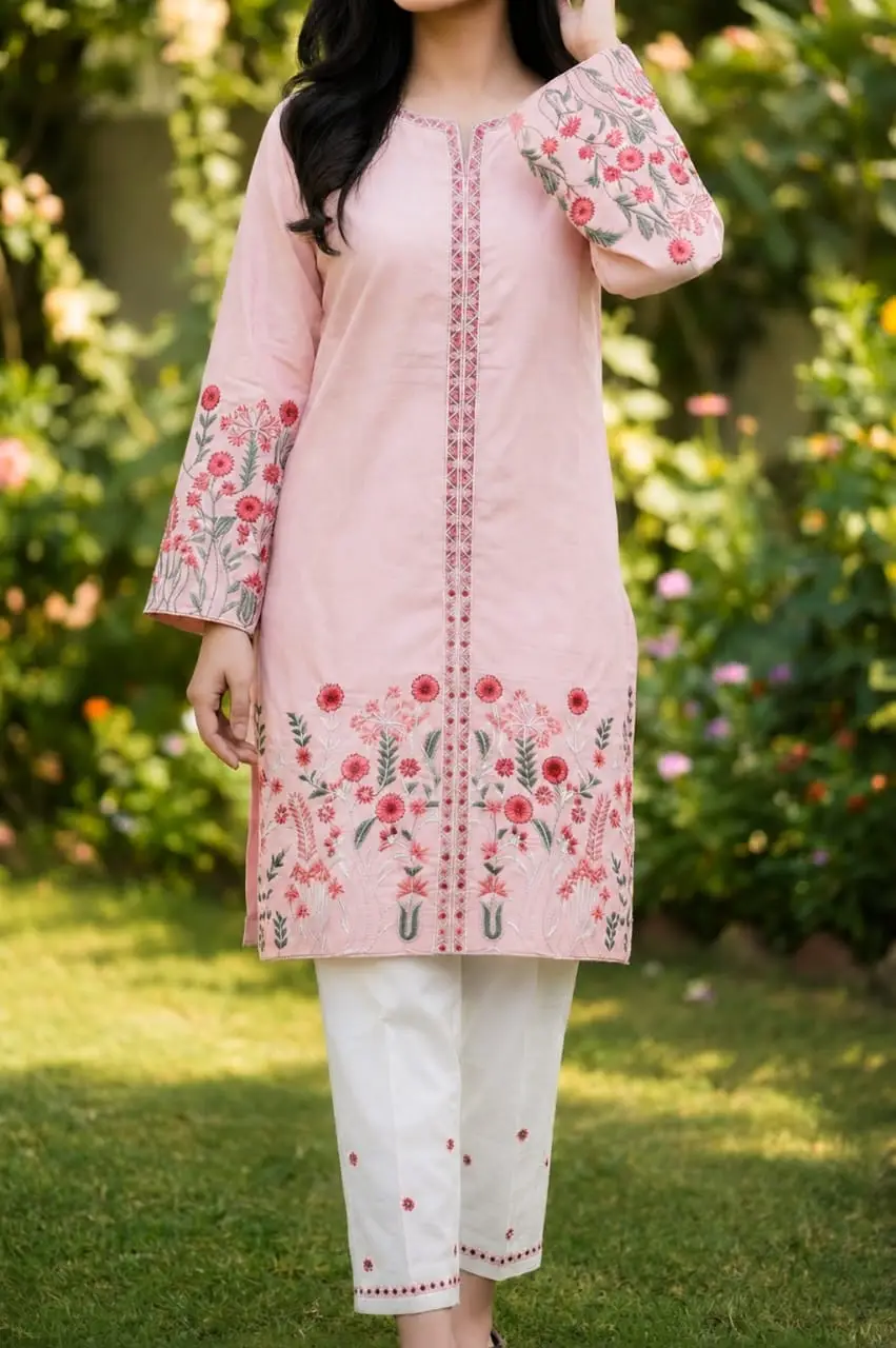2 Pcs Women's Stitched Cotton Embroidered Shirt And Trouser