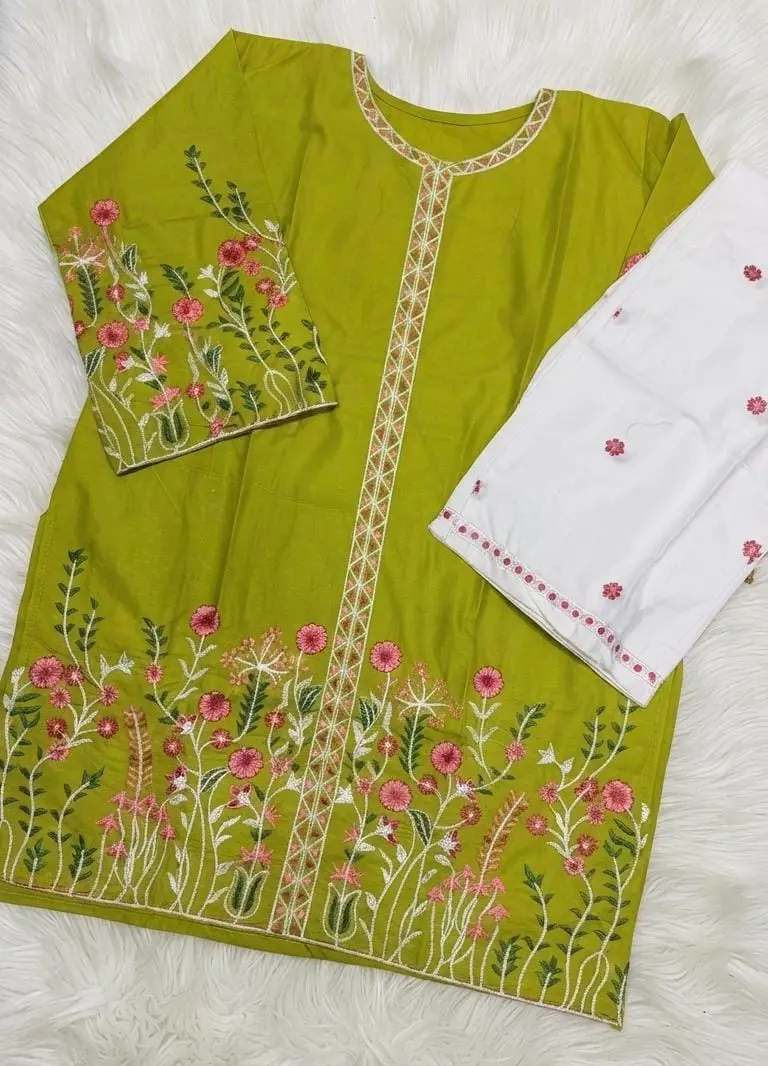 2 Pcs Women's Stitched Cotton Embroidered Shirt And Trouser