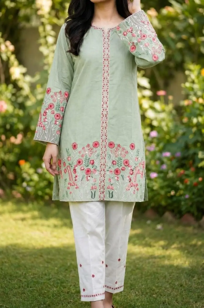 2 Pcs Women's Stitched Cotton Embroidered Shirt And Trouser