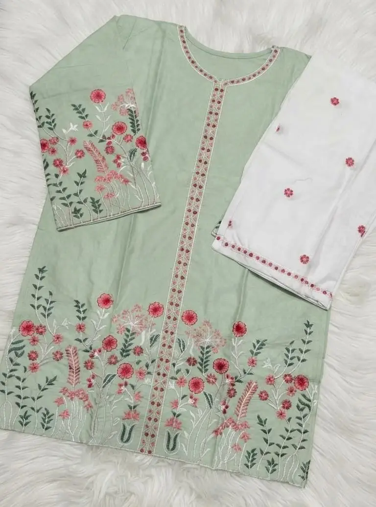 2 Pcs Women's Stitched Cotton Embroidered Shirt And Trouser