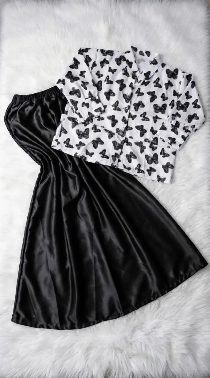 2 Pcs Women's Stitched Raw Silk Printed Skirt And Top