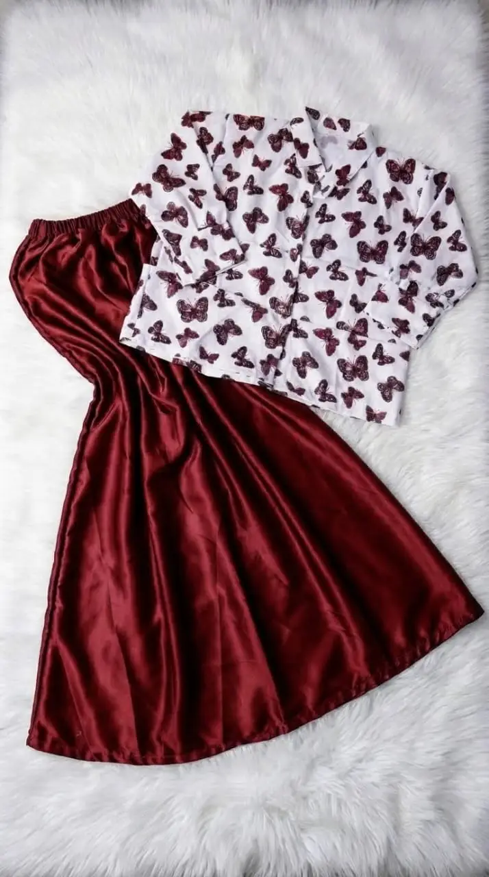 2 Pcs Women's Stitched Raw Silk Printed Skirt And Top