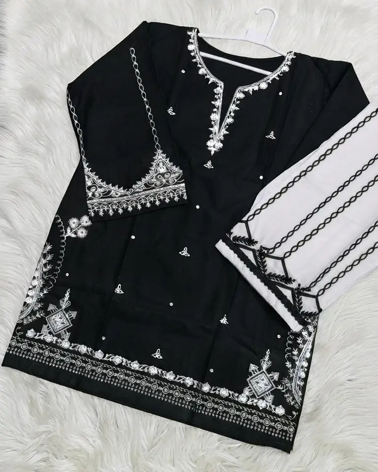 2 Pcs Women's Stitched Cotton Embroidered Shirt And Trouser
