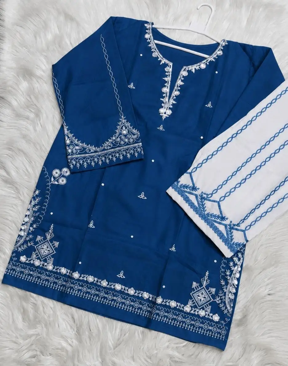 2 Pcs Women's Stitched Cotton Embroidered Shirt And Trouser