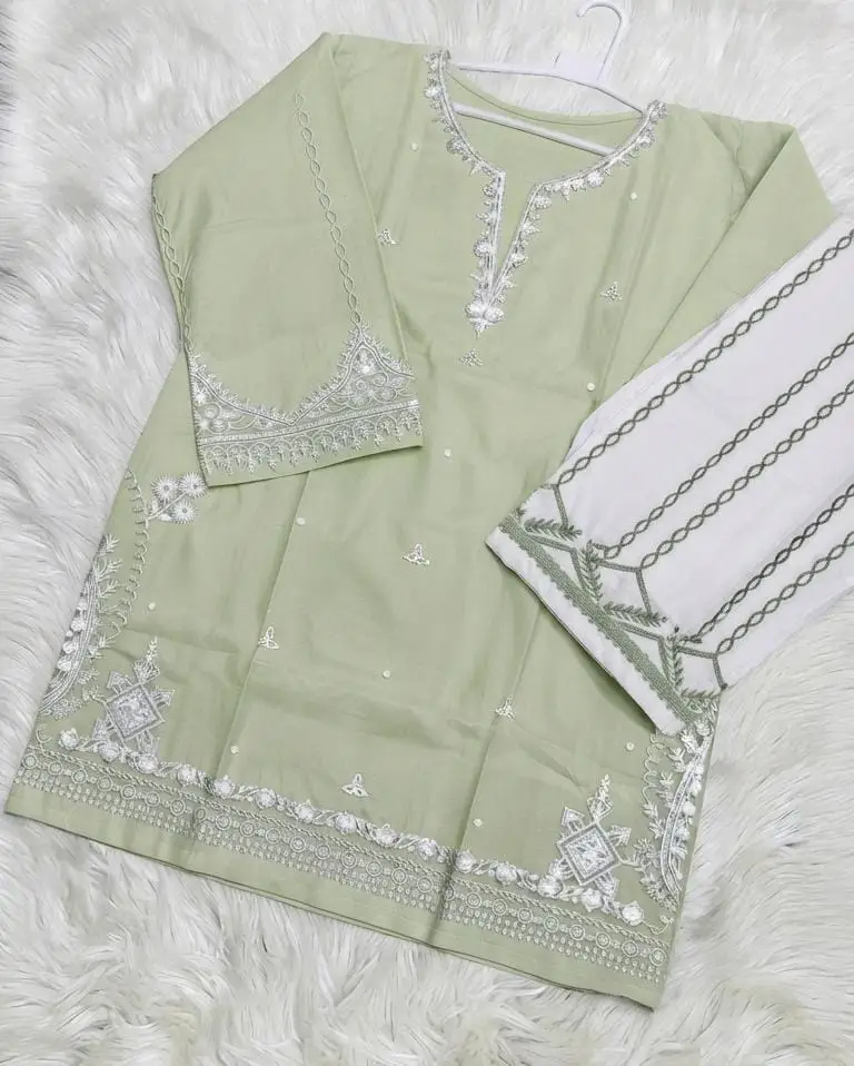 2 Pcs Women's Stitched Cotton Embroidered Shirt And Trouser