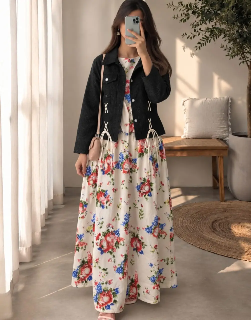 2 Pcs Women's Stitched Denim Printed Maxi And Jacket