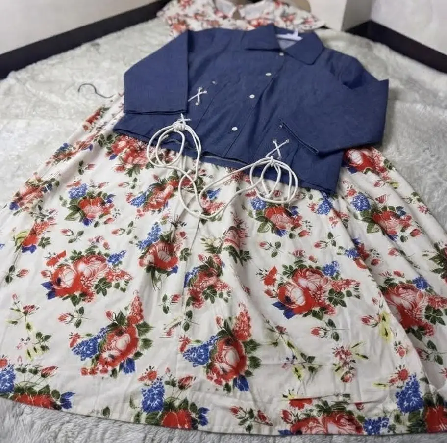 2 Pcs Women's Stitched Denim Printed Maxi And Jacket
