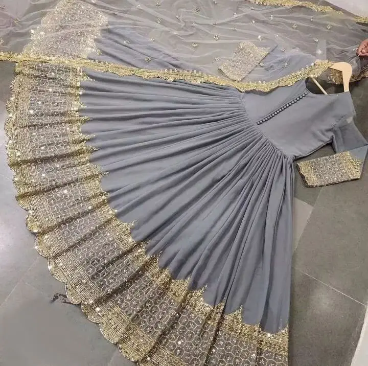 3 Pcs Women's Stitched Chiffon Sequins Embroidered Maxi Suit