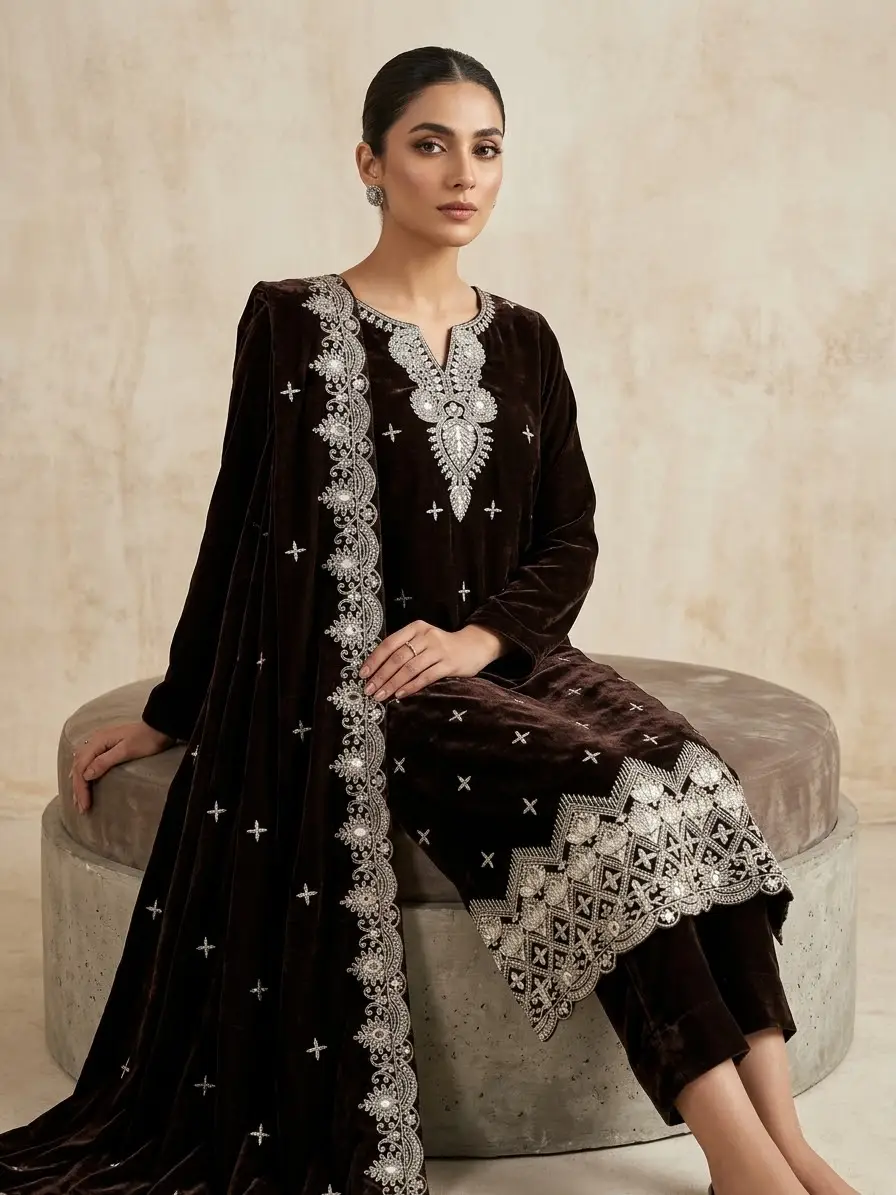 3 Pcs Women's Unstitched Sequins Embroidered Suit