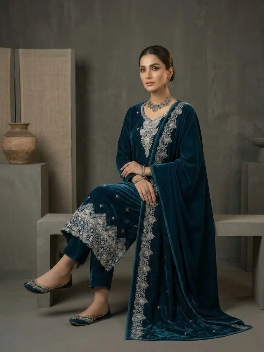 3 Pcs Women's Unstitched Sequins Embroidered Suit