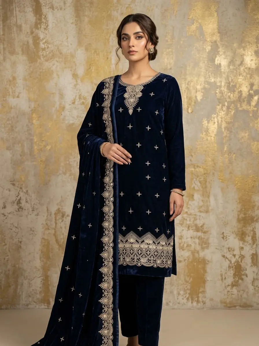 3 Pcs Women's Unstitched Sequins Embroidered Suit