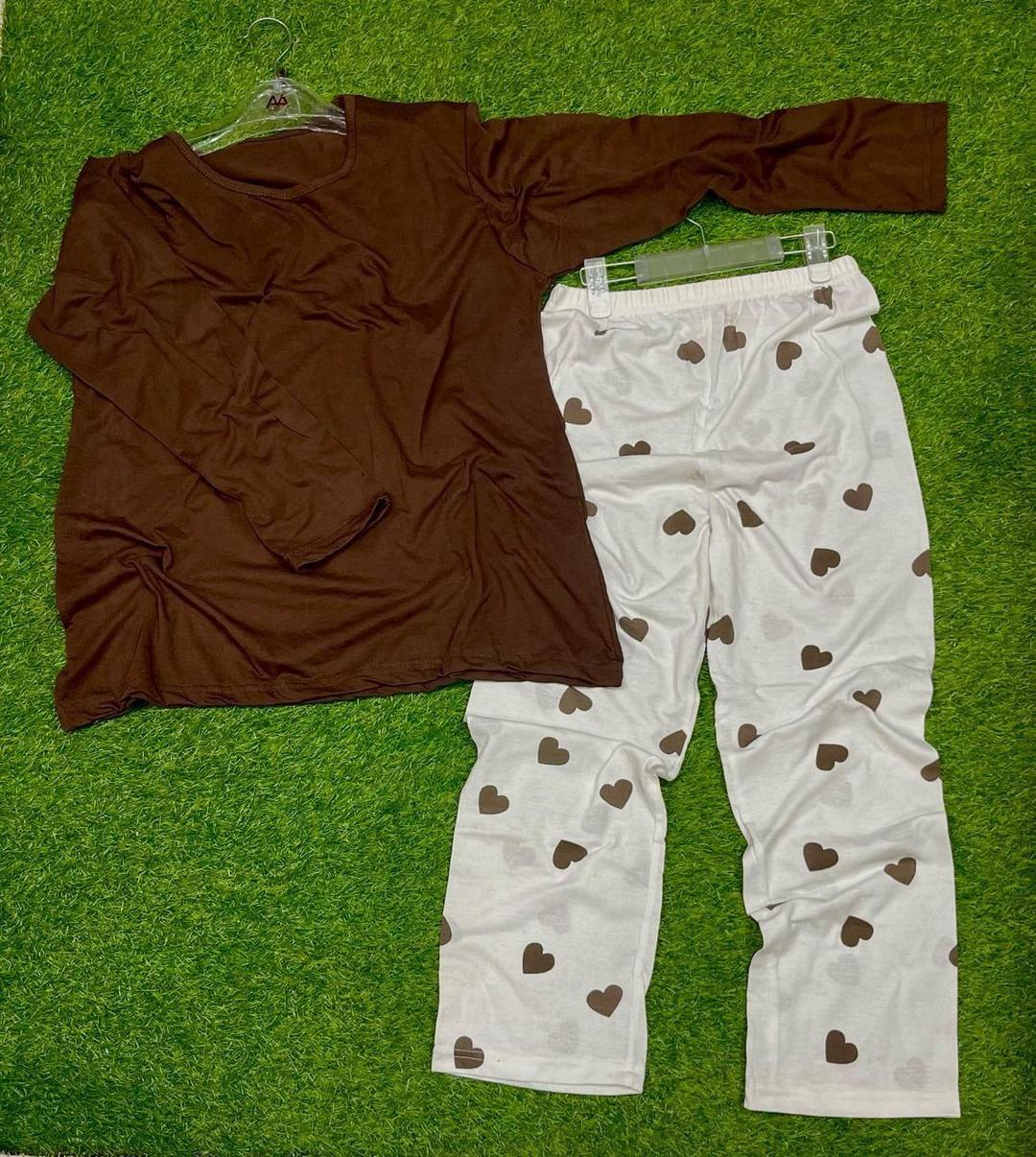 Brown Heart Print 2 Pcs Women Night Suit Cotton Jersey