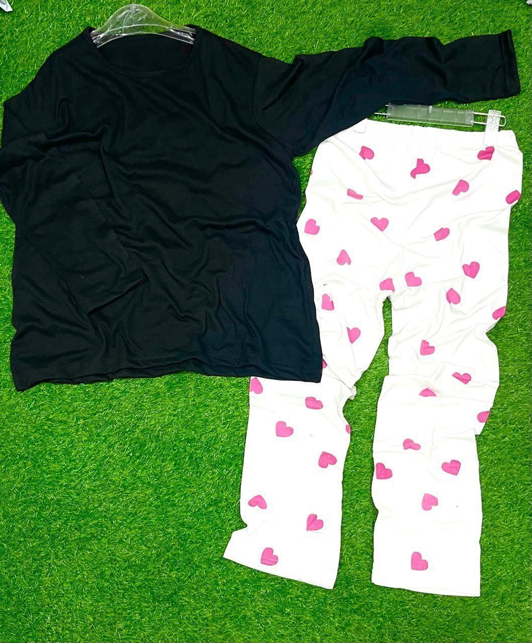 Black Cotton Night Suit with Heart Print Trousers