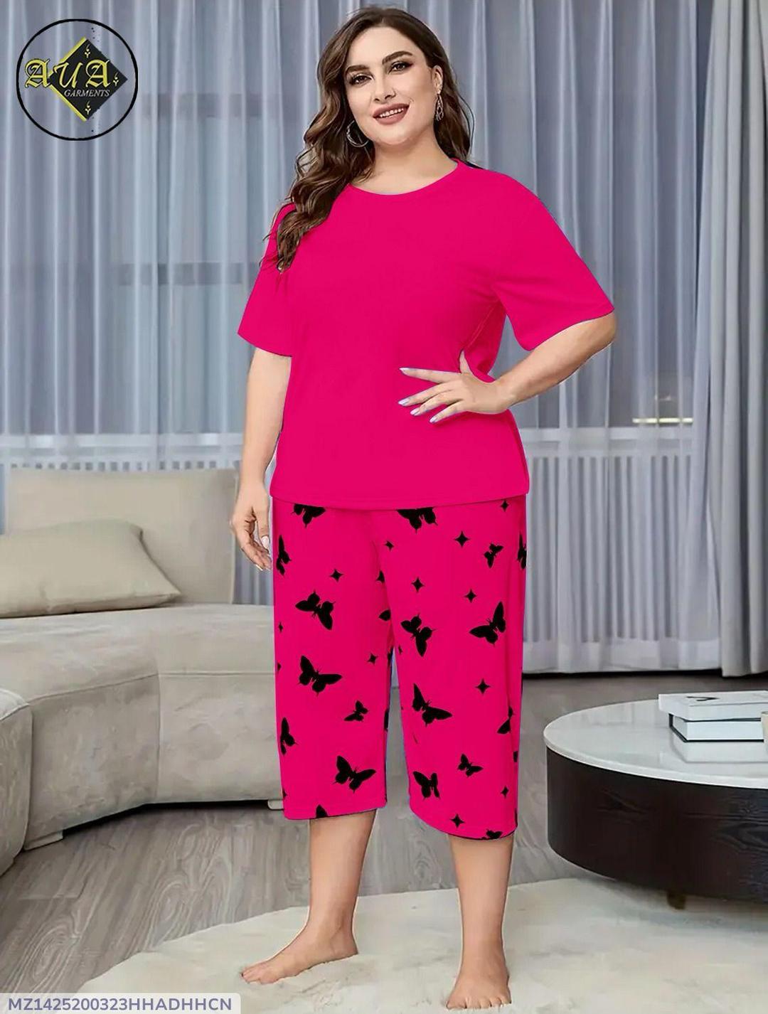 Pink Cotton Night Suit for Women with Butterfly Print
